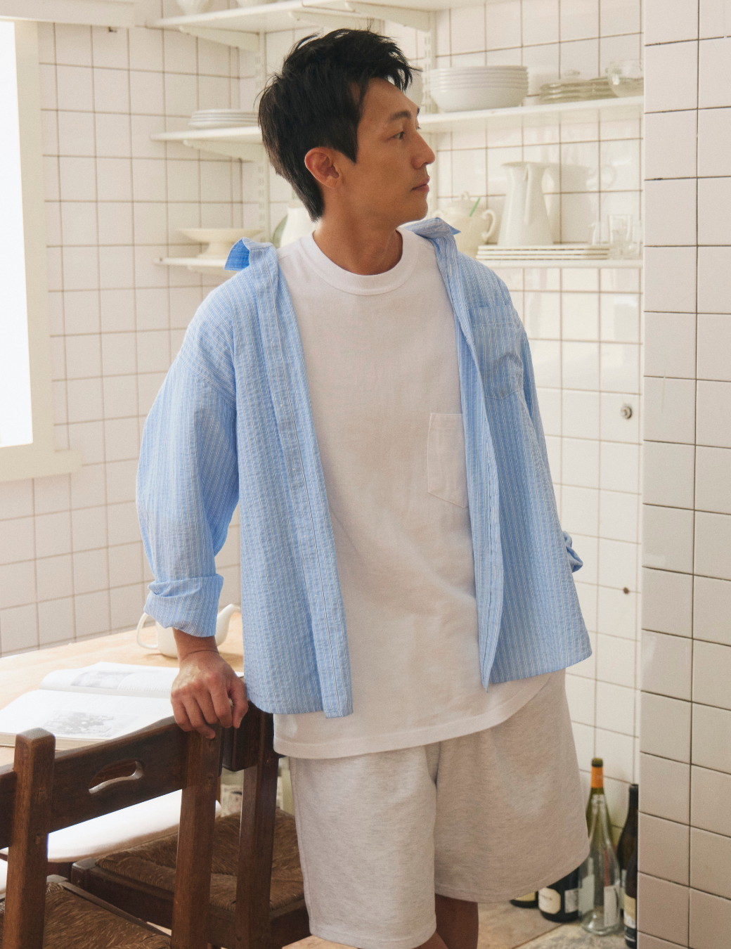 配色直紋長袖襯衫