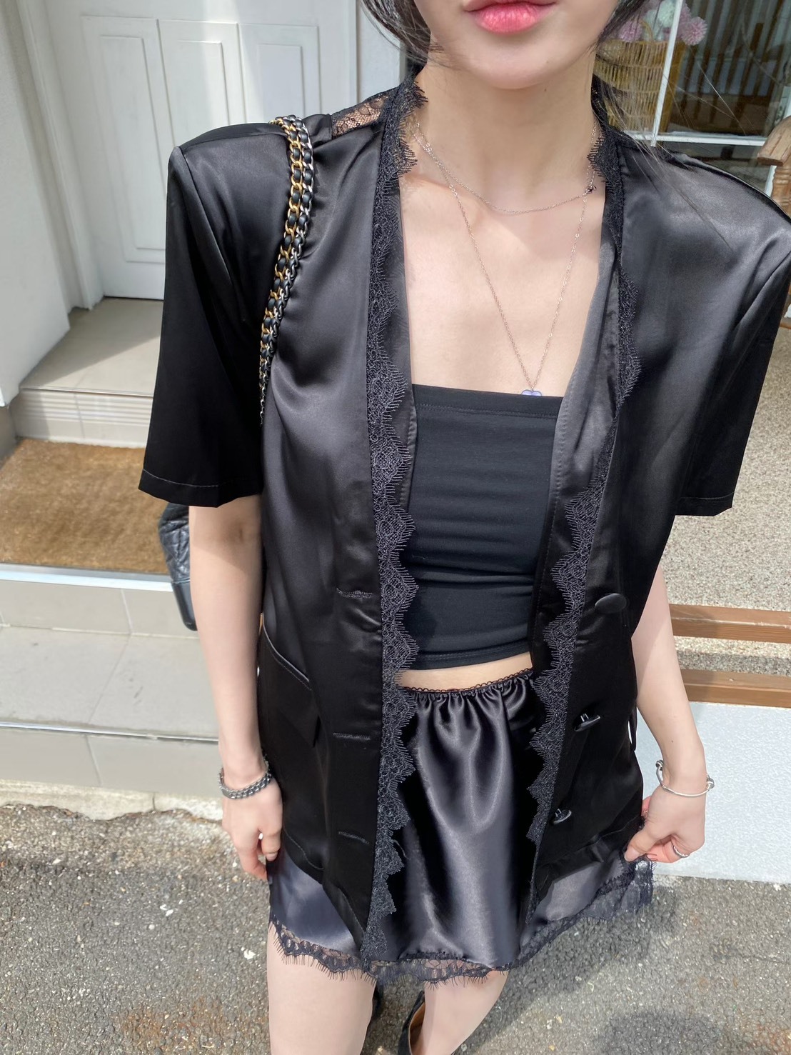 緞面蕾絲美背透視西裝外套
