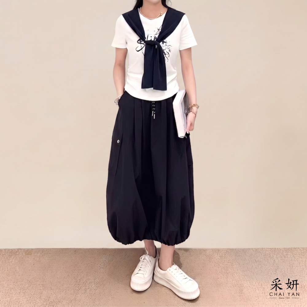 二件式 顯瘦印花硬挺長裙套裝