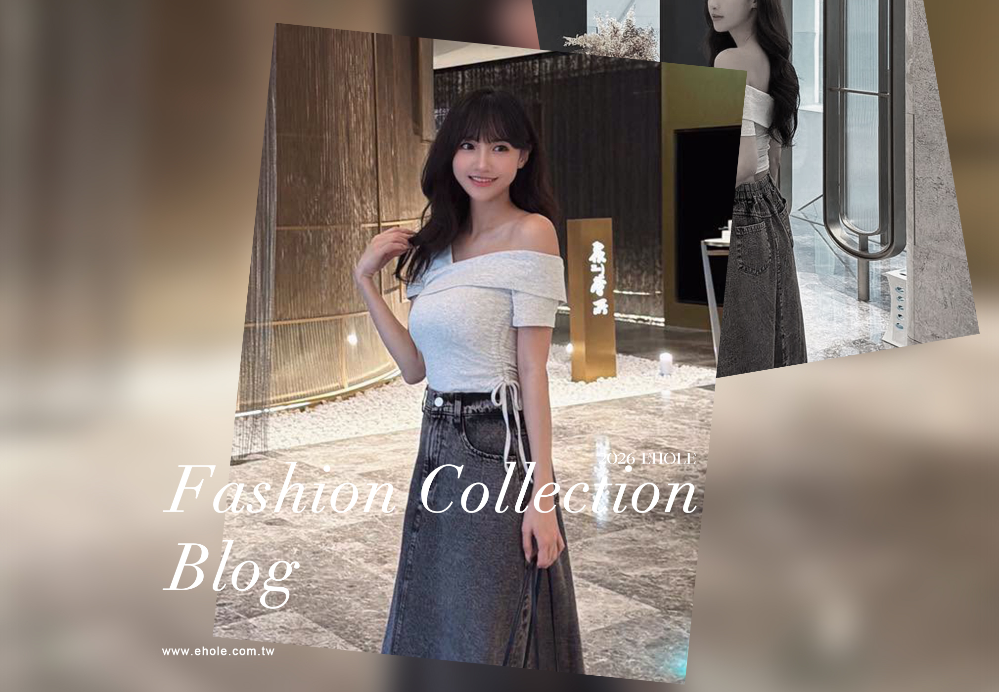 模特兒展示韓系穿搭,包含單肩領側綁帶針織上衣、高腰復古黑洗水牛仔長裙與黑色小圓包,呈現顯瘦微辣的輕熟形象。