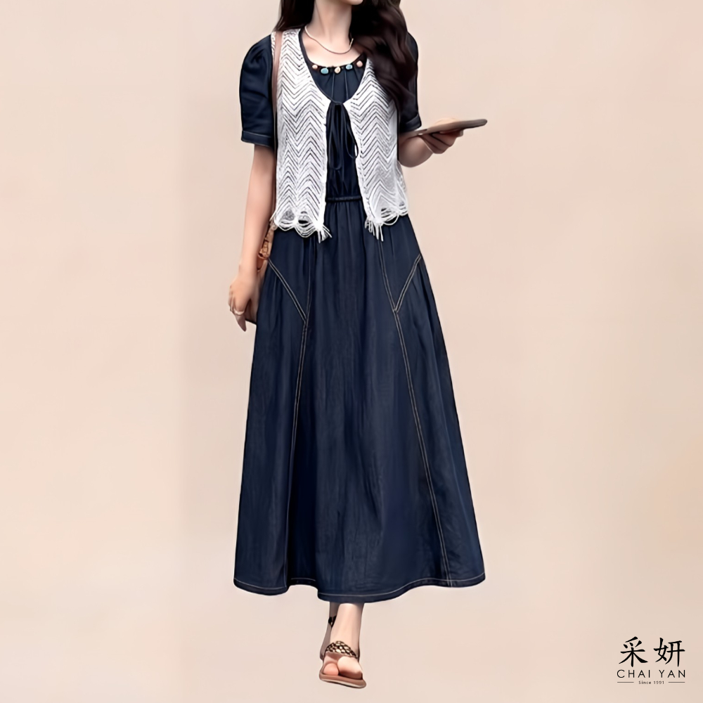 二件式 網織綁帶牛仔洋裝套裝