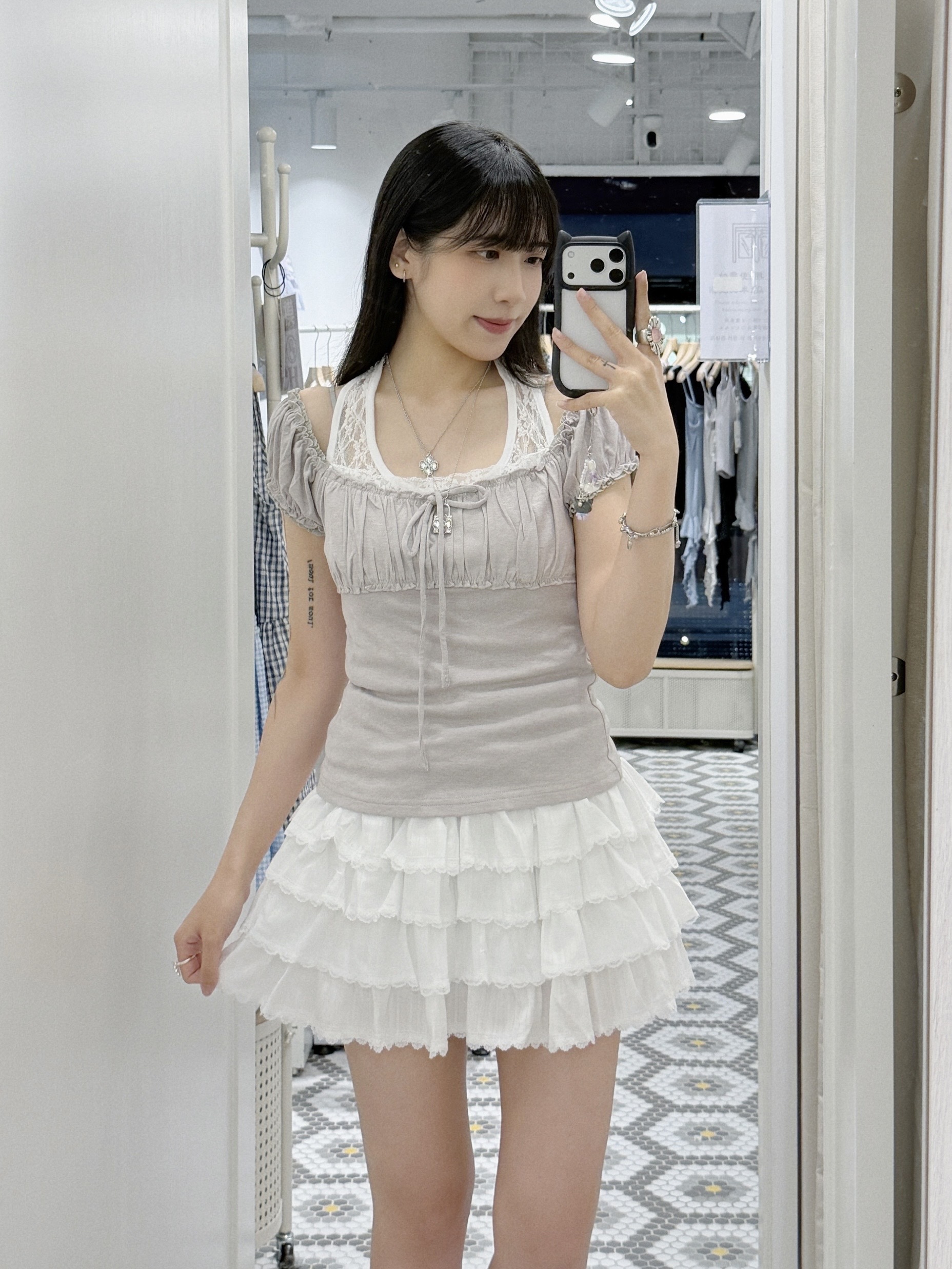 D0617｜日系少女棉麻多層次蕾絲邊抽繩高腰短裙🦢