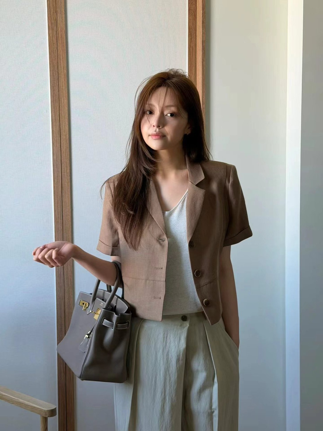 亞麻三釦短袖西裝外套