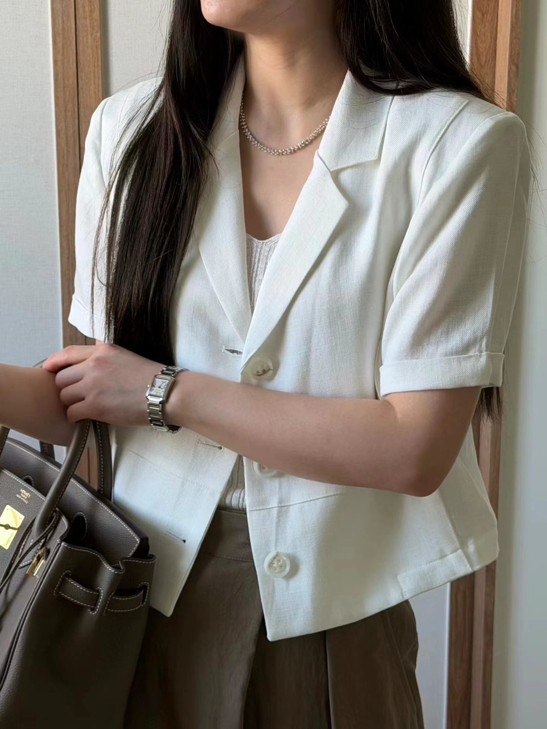 亞麻三釦短袖西裝外套