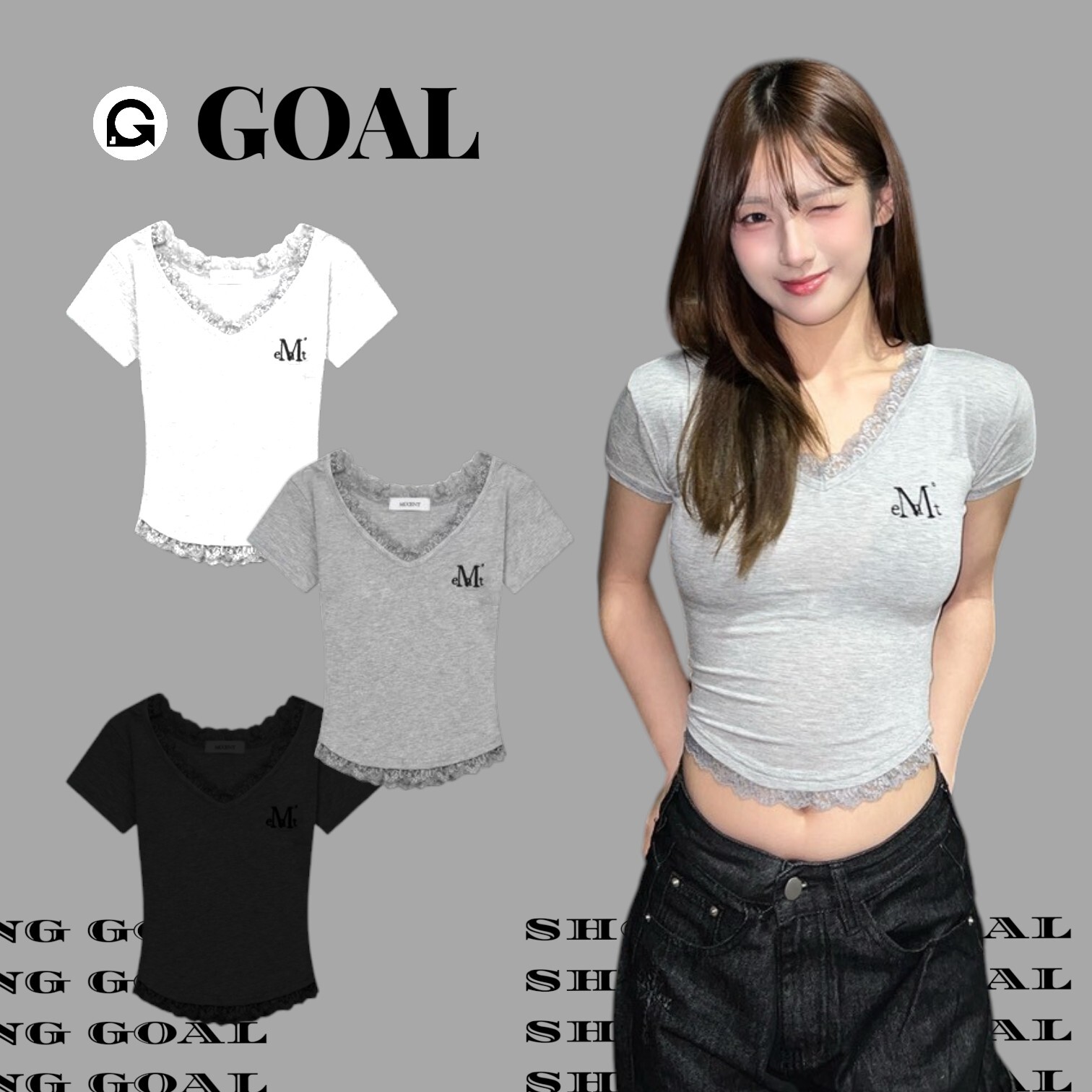 (GOAL) MUCENT 蕾絲V領縮腰短版上衣