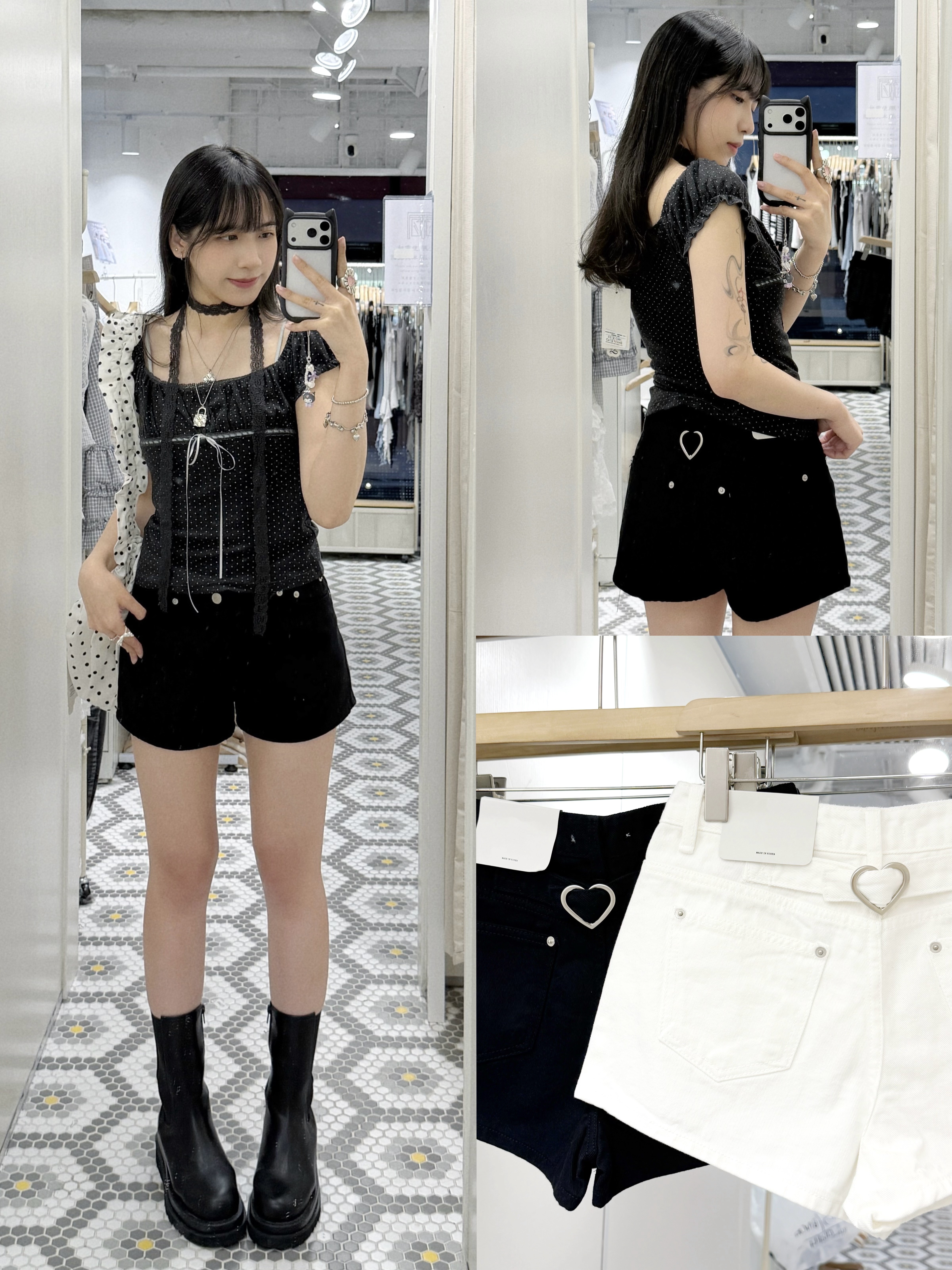 P0283｜型格黑白心型扣牛仔短褲⊹˚₊♡⟡˙⋆ #1750