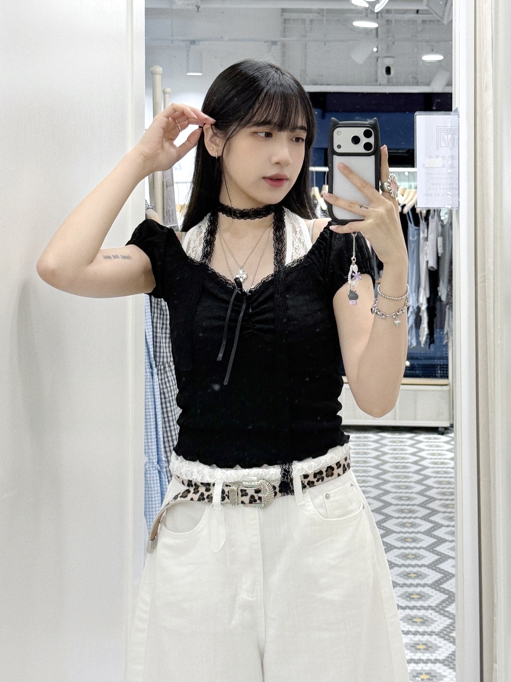 T1429｜法式初戀١٥٧٤♡ 皺布連蕾絲頸帶背心上衣