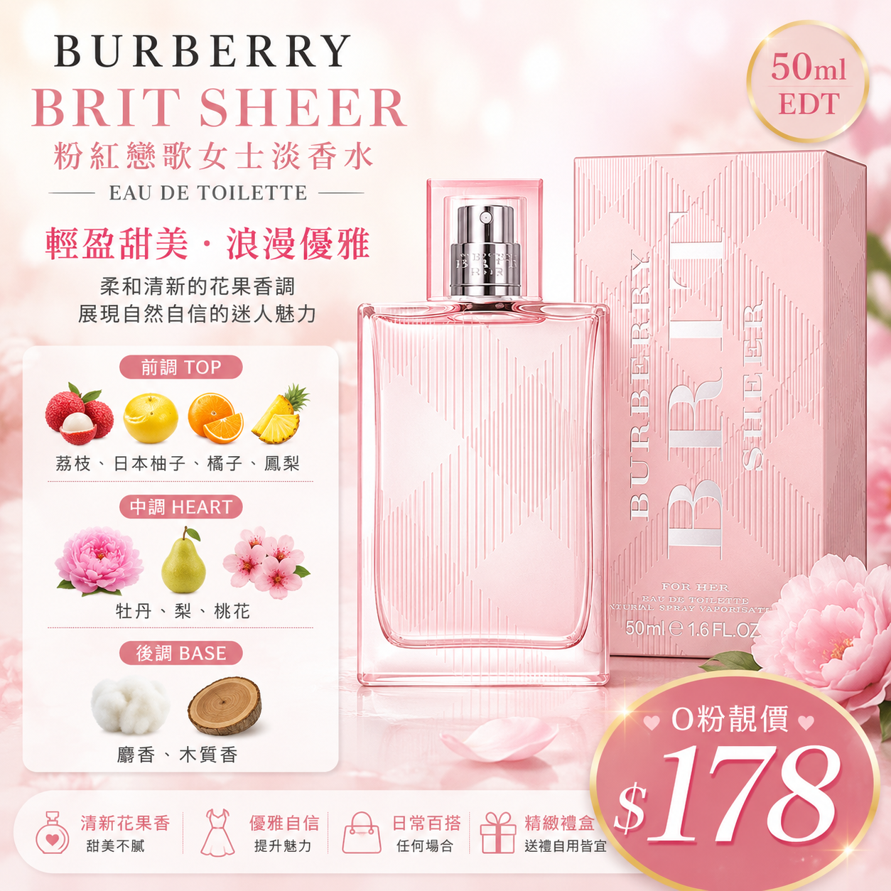 【UB9540】Burberry Brit Sheer 粉紅戀歌女士 EDT 50ml