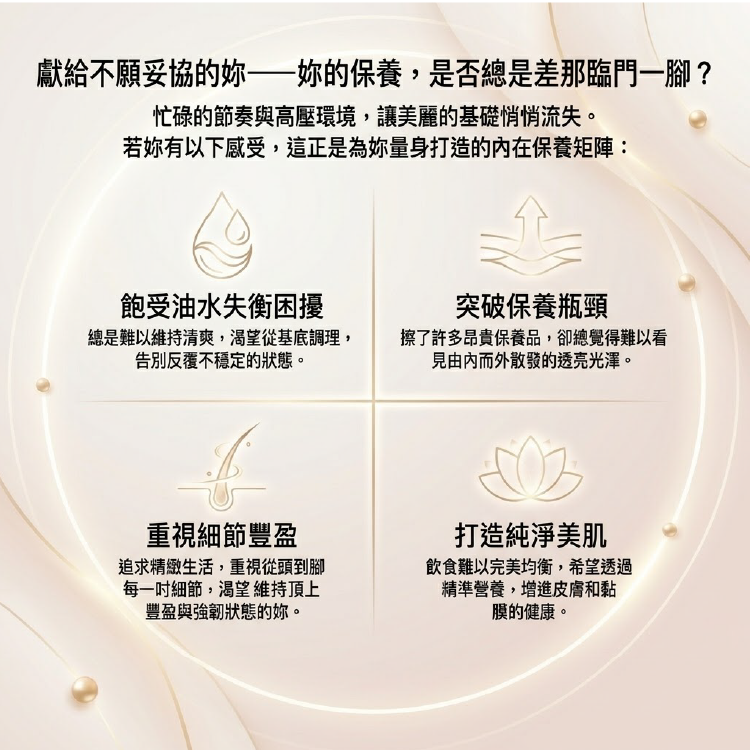 獻給不願妥協的妳,面對油水失衡困擾、突破昂貴保養品瓶頸、重視頂上細節豐盈與渴望純淨美肌,推薦補給精準營養以增進皮膚和黏膜的健康