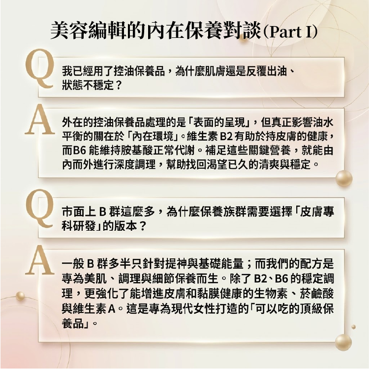 專業美容編輯對談:透過維生素B2維持皮膚健康、B6維持胺基酸正常代謝以進行深度調理維持清爽;配方結合生物素、菸鹼酸與維生素A,專為現代女性打造可食用的頂級保養品