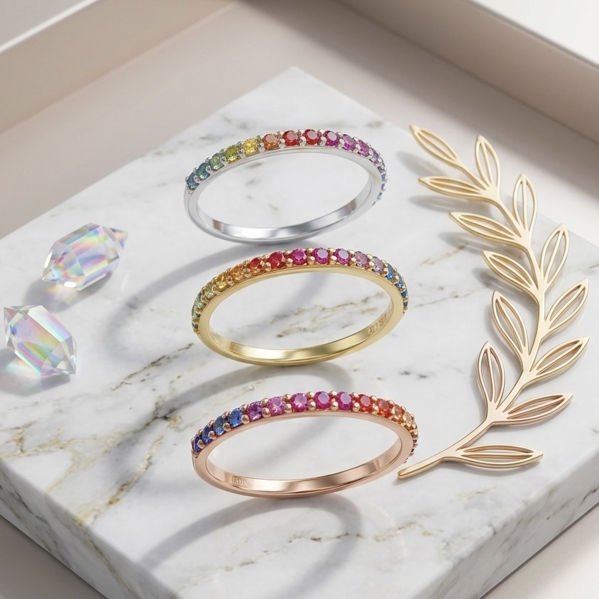18K Gold Rainbow Sapphires Eternity Ring