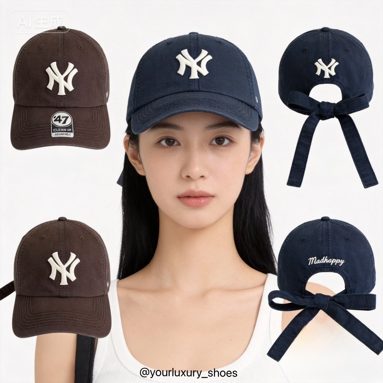 【Luxury】 Madhappy & MLB 聯名 蝴蝶結 Yankees Washed Bowtie Hat 毛邊感 洋基隊水洗領結帽 咖 海軍藍 白 NY字母 老帽 脆上爆紅 四分割帽