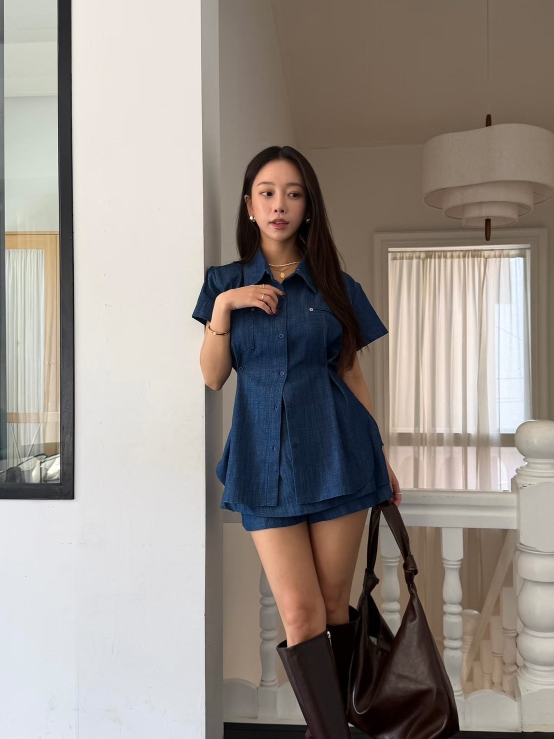 短袖縮腰長版襯衫  短褲裙(不含腰帶) 分售
