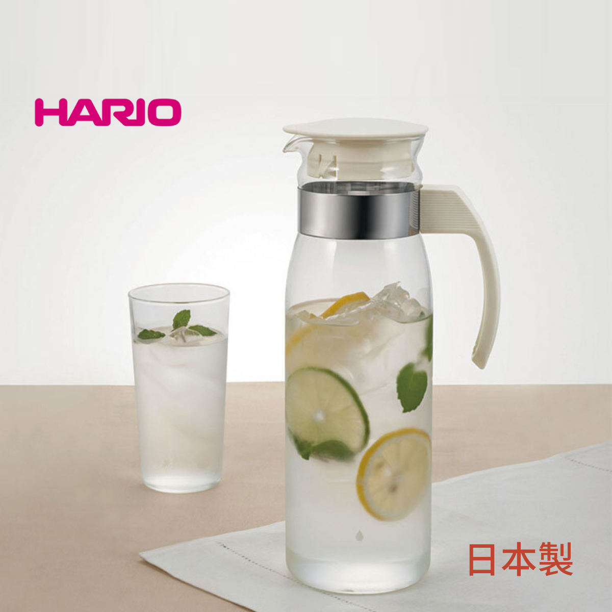日本HARIO 1.4L 耐熱玻璃冷水瓶-米白色 -RPLN-14OWH