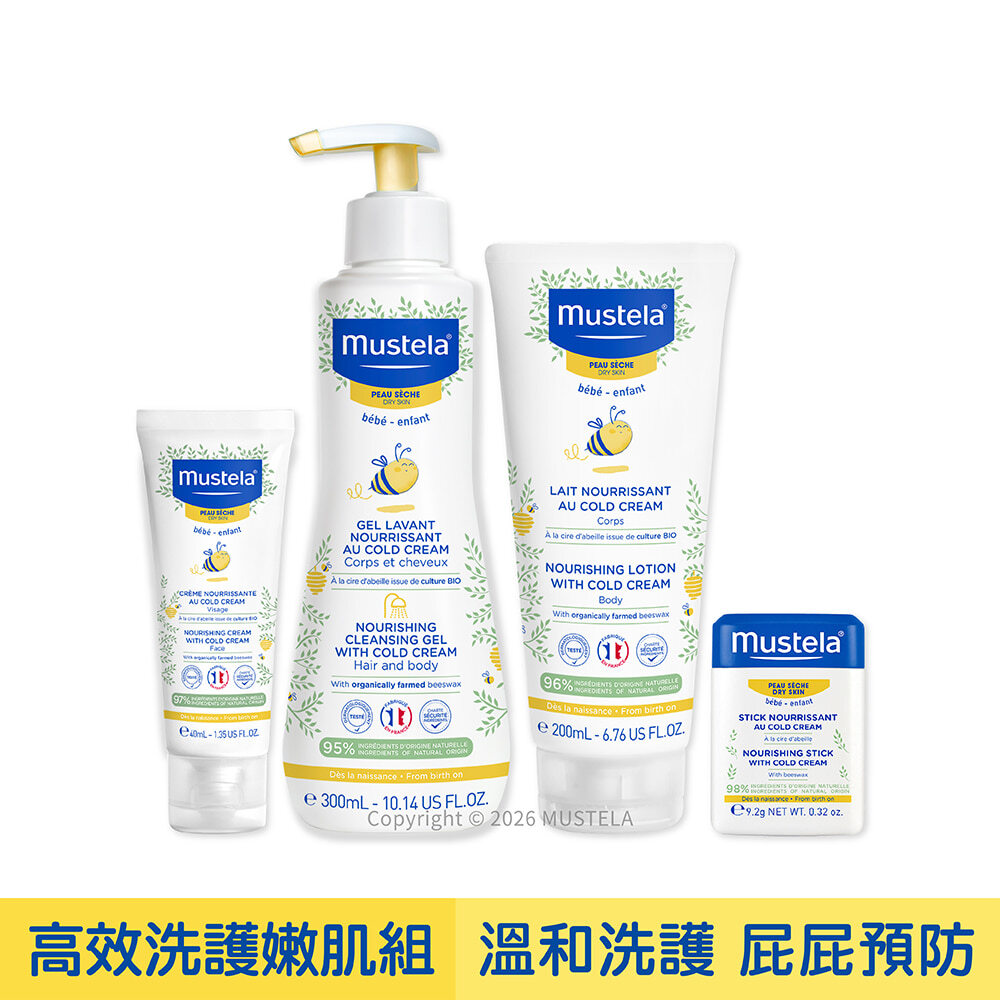 高效洗護嫩肌組(雙潔乳300ml+潤身乳200ml+面霜40ml+唇頰雙護膏9.2g(無香)) ｜慕之幼高效｜慕之恬廊Mustela