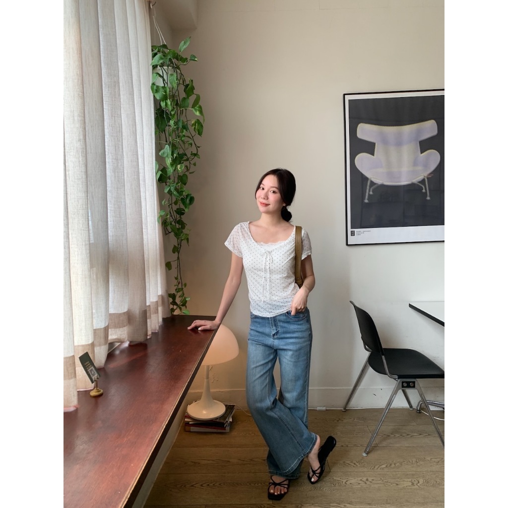 A08 入夏日常穿搭 小圓點綁帶薄料上衣 #9979