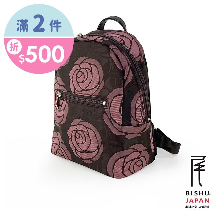 日本製-尾州織 漫步玫瑰園淑女後背包-粉玫瑰