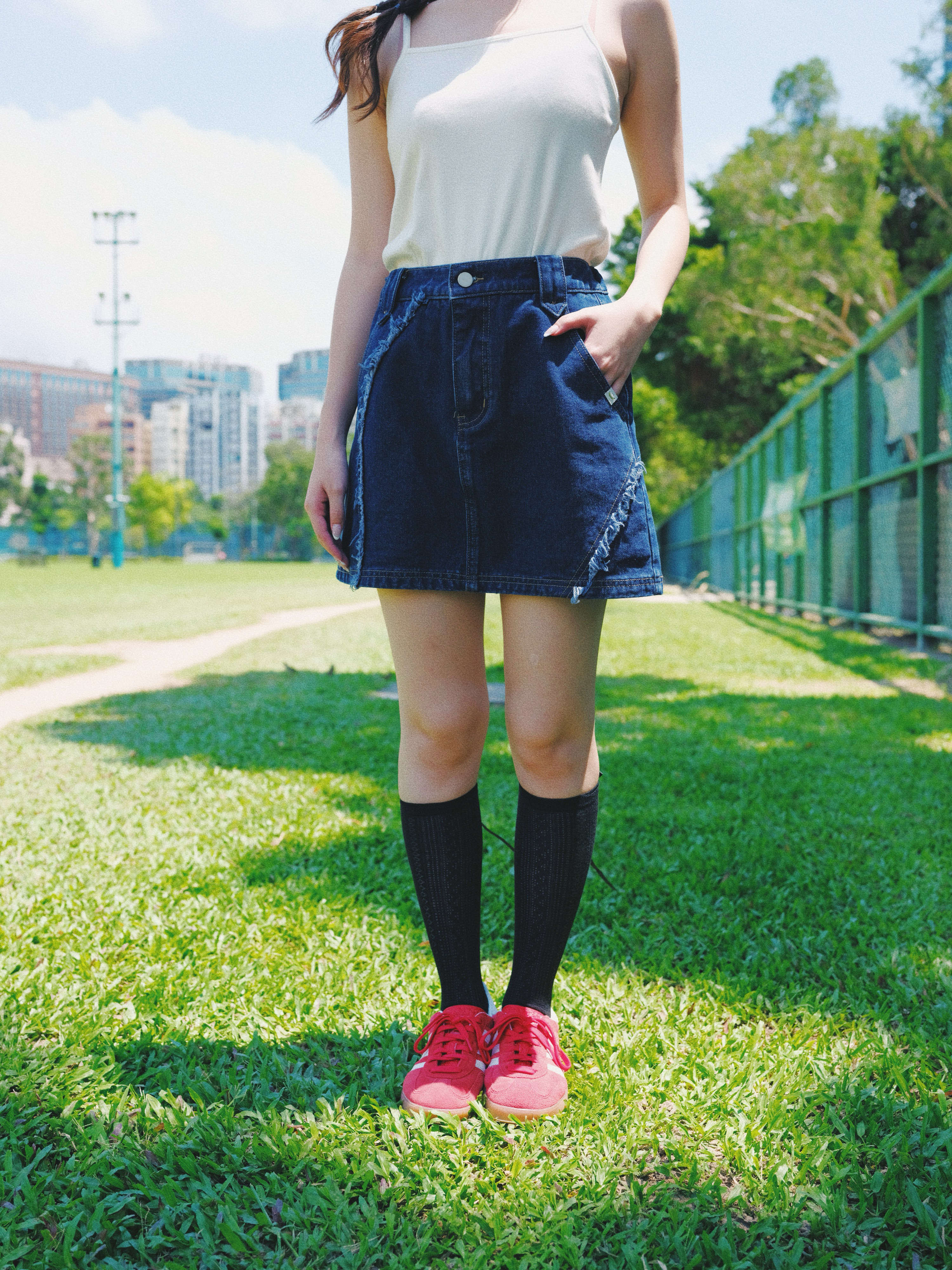三色 / 牛仔線條感流蘇A字短裙 / Frayed Line Denim A-Line Mini Skirt