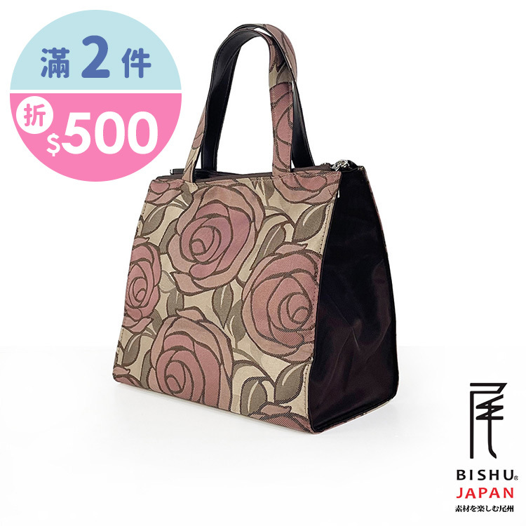 日本製-尾州織 漫步玫瑰園方形便當袋手提袋-粉玫瑰