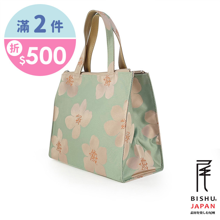 日本製-尾州織 蘋果花開的季節方形便當袋手提袋-青蘋果