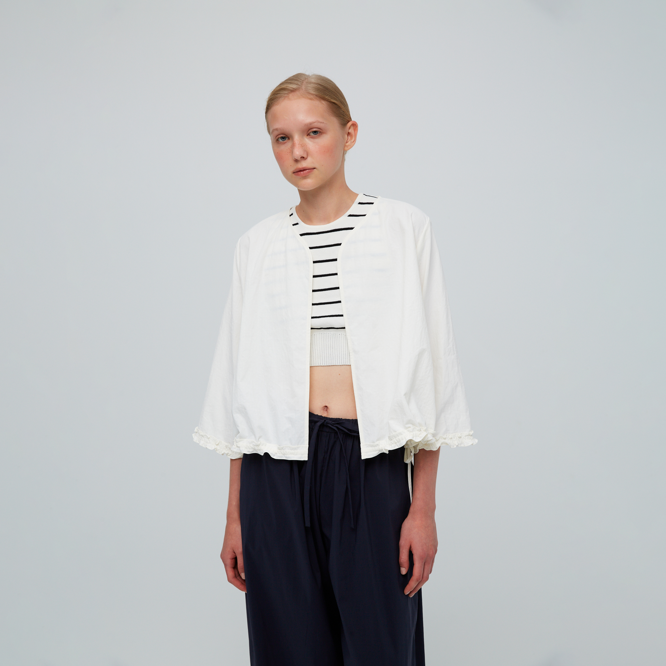 10 MOOn Misty White Ruffle Hem Drawstring Jacket
