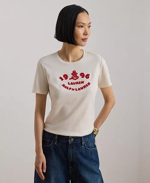 [USW] LAUREN RALPH LAUREN CREAM WOMEN'S CREWNECK SHORT-SLEEVE T-SHIRT, UZZ339 (UZZ339)