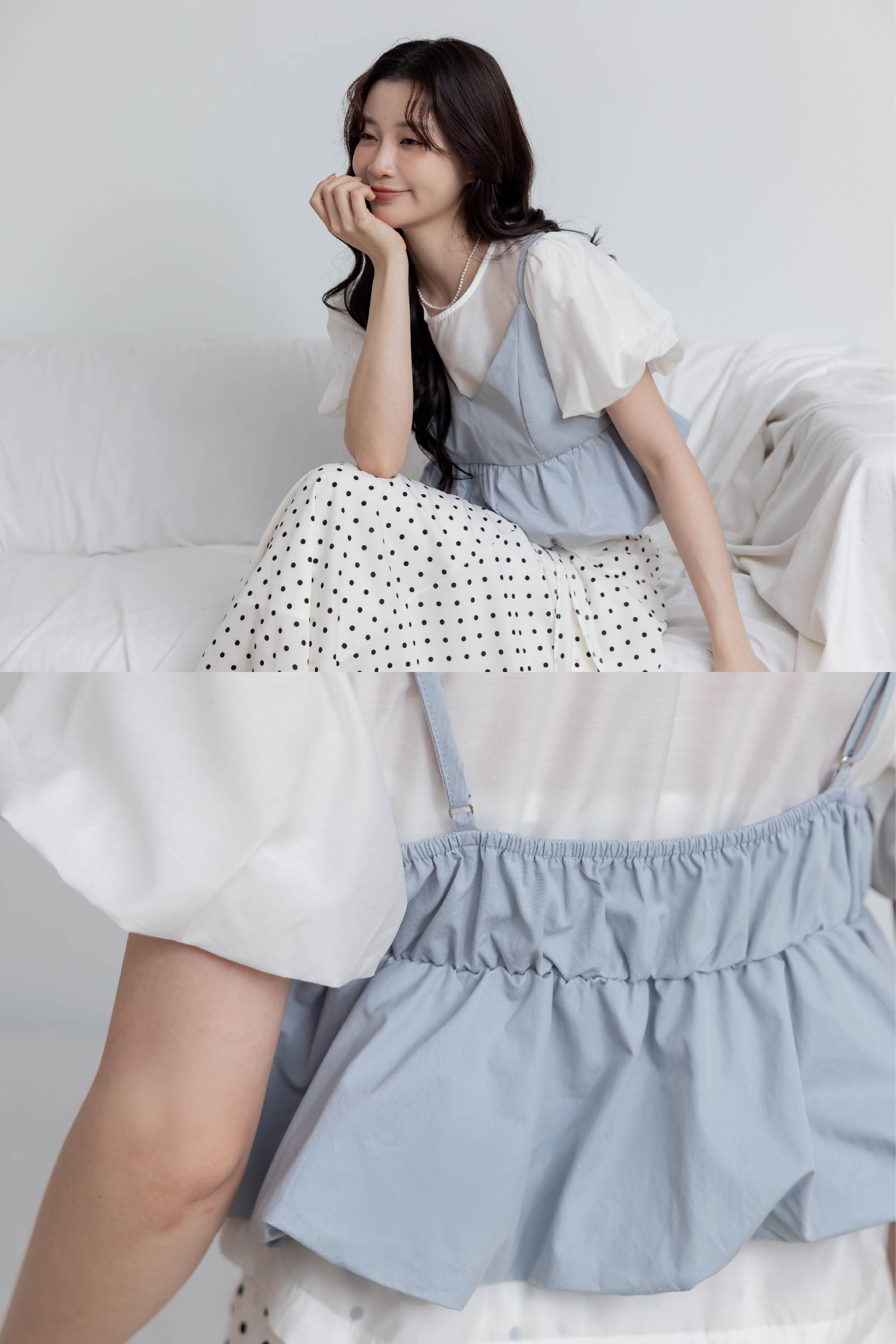 澎袖光澤感兩件套上衣