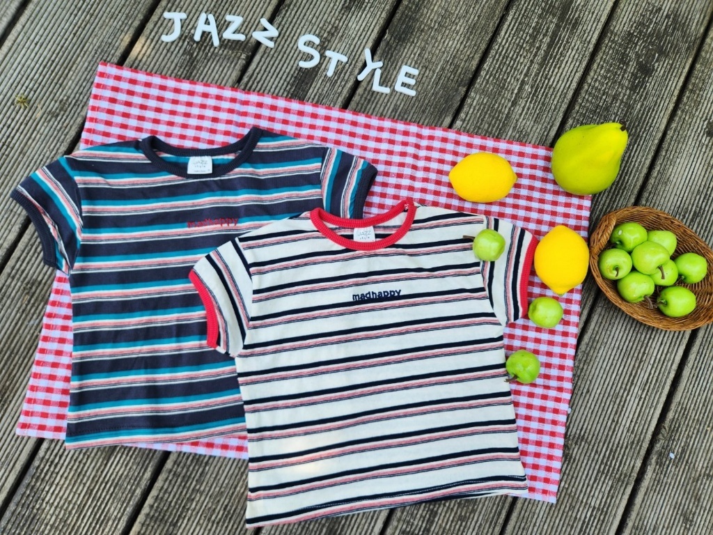正韓夏JAZZ 兩色撞色條紋上衣
