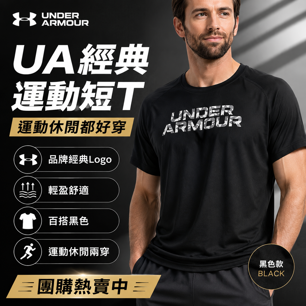 【預購】UNDER ARMOUR H060208 經典標誌運動短袖上衣（黑色）