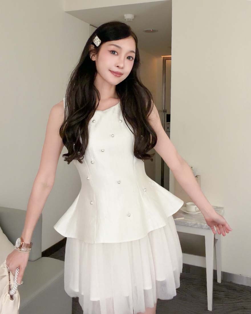 LINA LINA優雅饗宴珍珠異材質拼接網紗洋裝-高貴杏