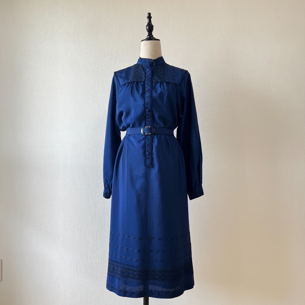 日本製深藍色刺繡長袖連身裙