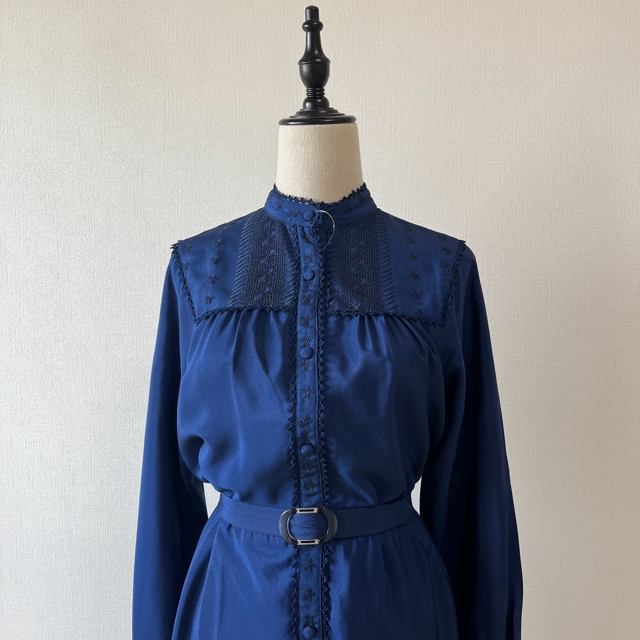 日本製深藍色刺繡長袖連身裙