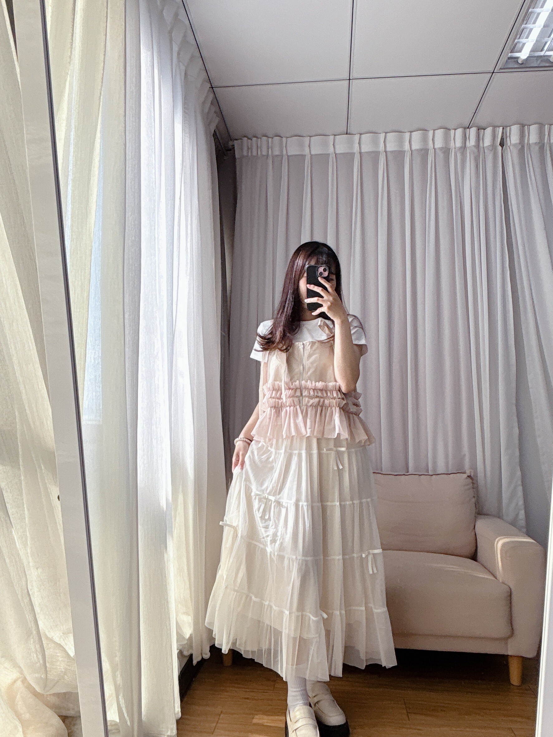Double-layered tulle long dress with bow