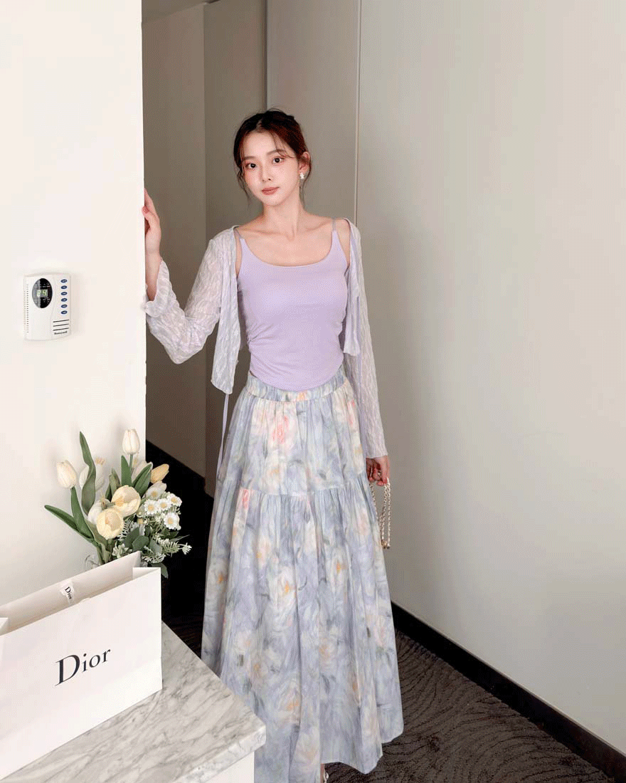 LINA LINA柔美共舞滿版暈染花卉鬆緊蛋糕長裙-典雅紫