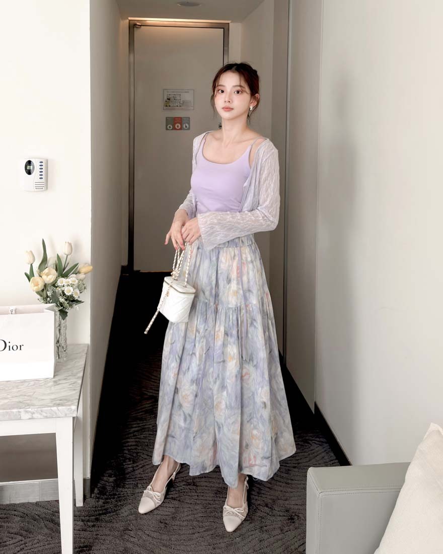 LINA LINA柔美共舞滿版暈染花卉鬆緊蛋糕長裙-典雅紫