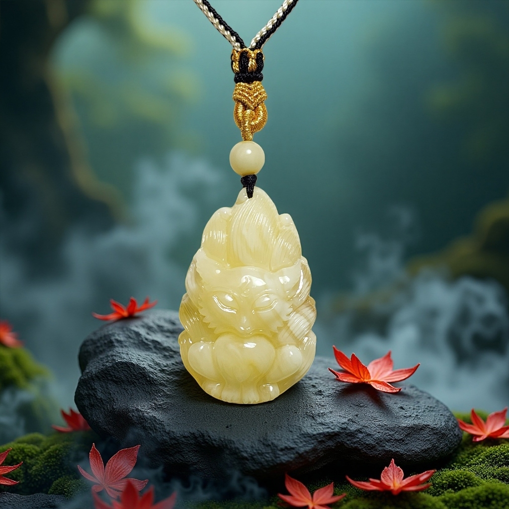 【騰彪琥珀】天然沁色牛奶白蜜蠟九尾狐仙掛墜繩鍊 附公司保證卡 可代送鑑定 淺雕樹葉 事業有成 復古東方美學