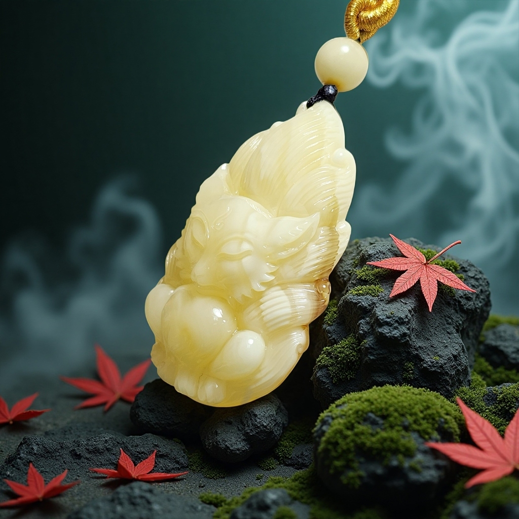 【騰彪琥珀】天然沁色牛奶白蜜蠟九尾狐仙掛墜繩鍊 附公司保證卡 可代送鑑定 淺雕樹葉 事業有成 復古東方美學