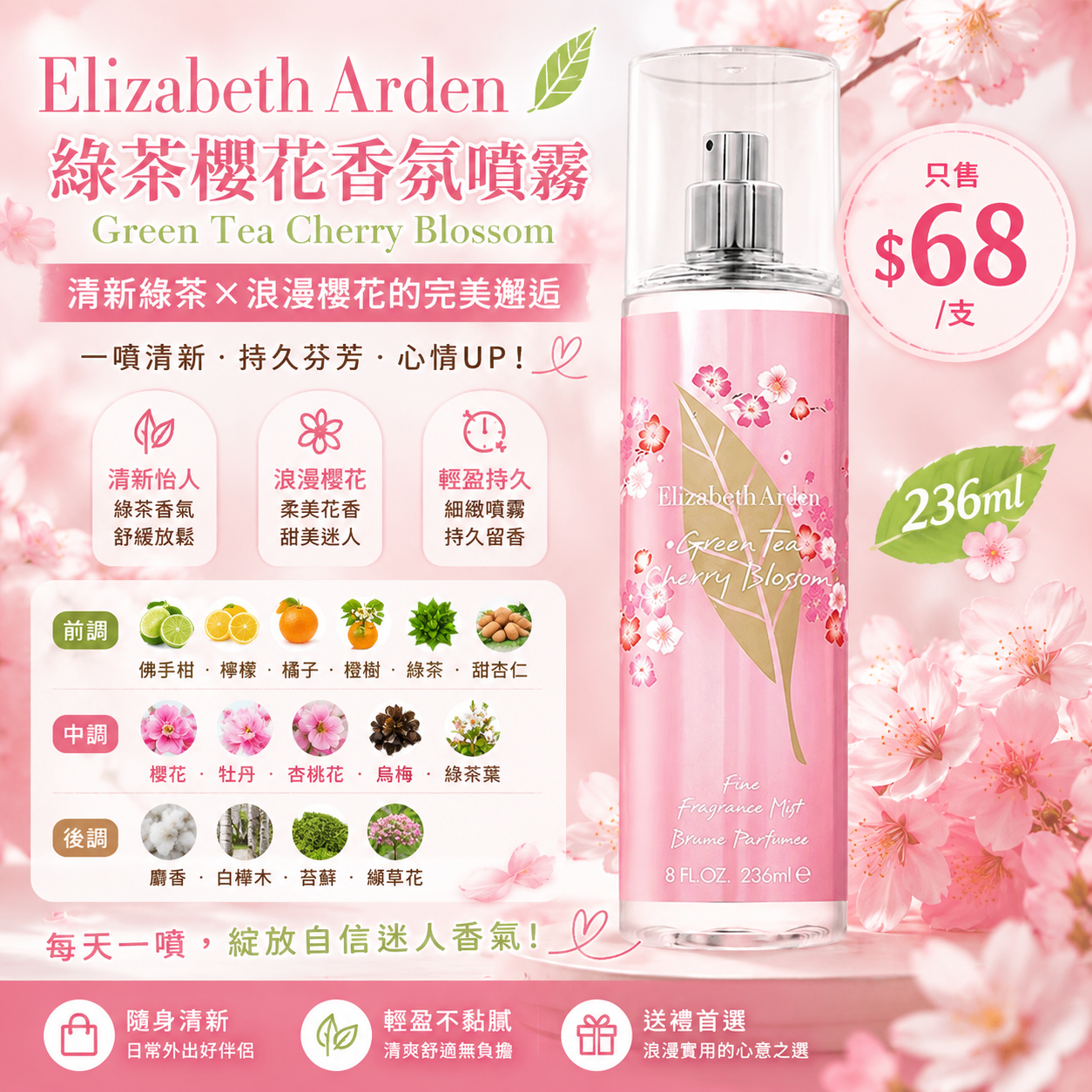 【UB9546】Elizabeth Arden 綠茶櫻花香氛噴霧 236ml