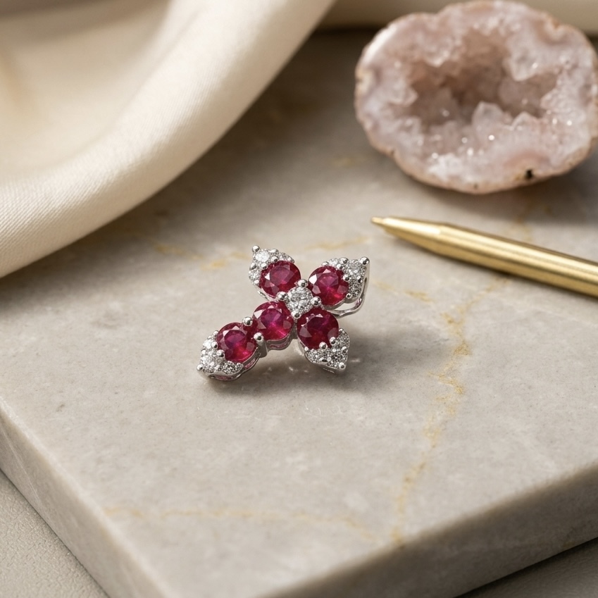18K Gold Natural Ruby Pendant with Diamonds setting
