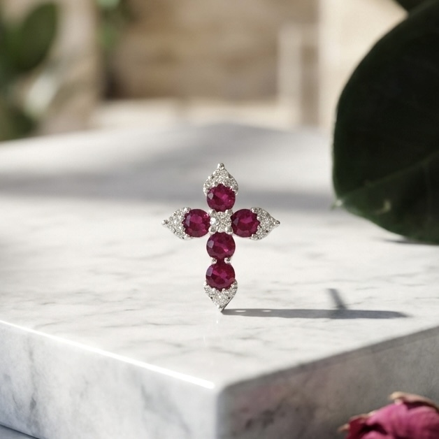 18K Gold Natural Ruby Pendant with Diamonds setting