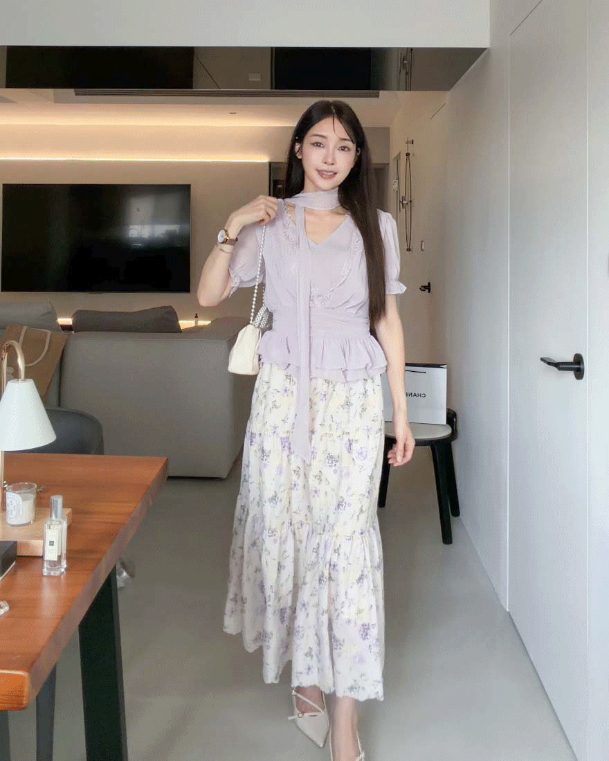 LINA LINA氣質心弦睫毛蕾絲裙襬上衣附繞帶-優美紫