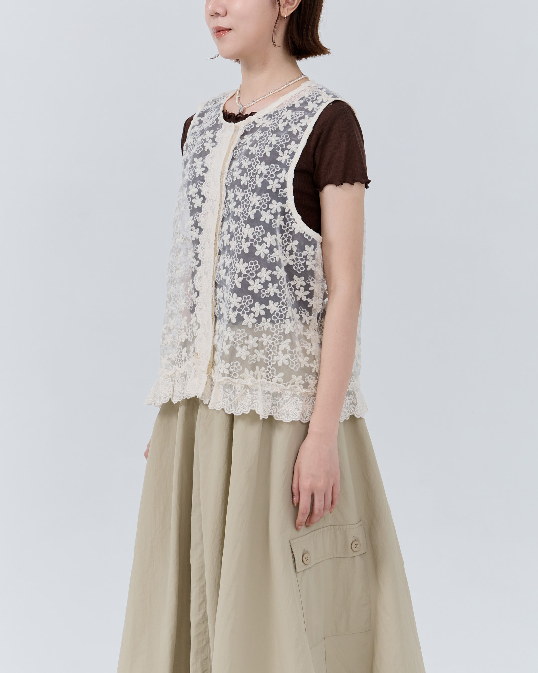Jacquard ruffled openwork button-down wide vest【01099751】in stock+pre-order