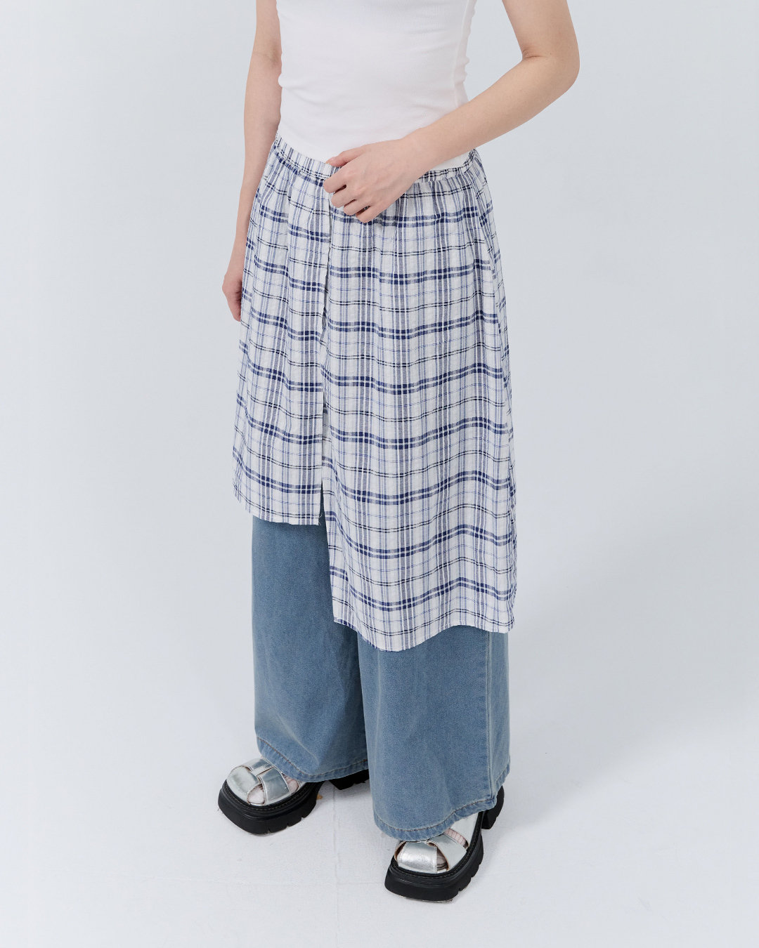Casual asymmetrical plaid patchwork denim trousers【04011892】in stock+pre-order