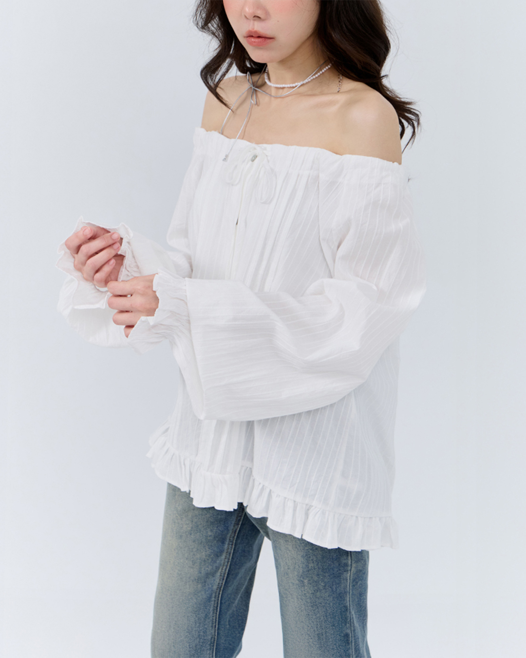 Striped ruffled drawstring two-way wide-leg top【01099747】in stock+pre-order