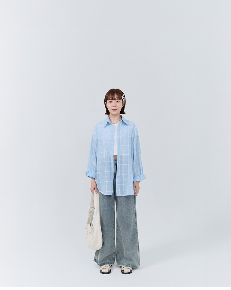 Checkered slightly sheer wide-sleeved shirt, available in three colors.【01025835】in stock+pre-order