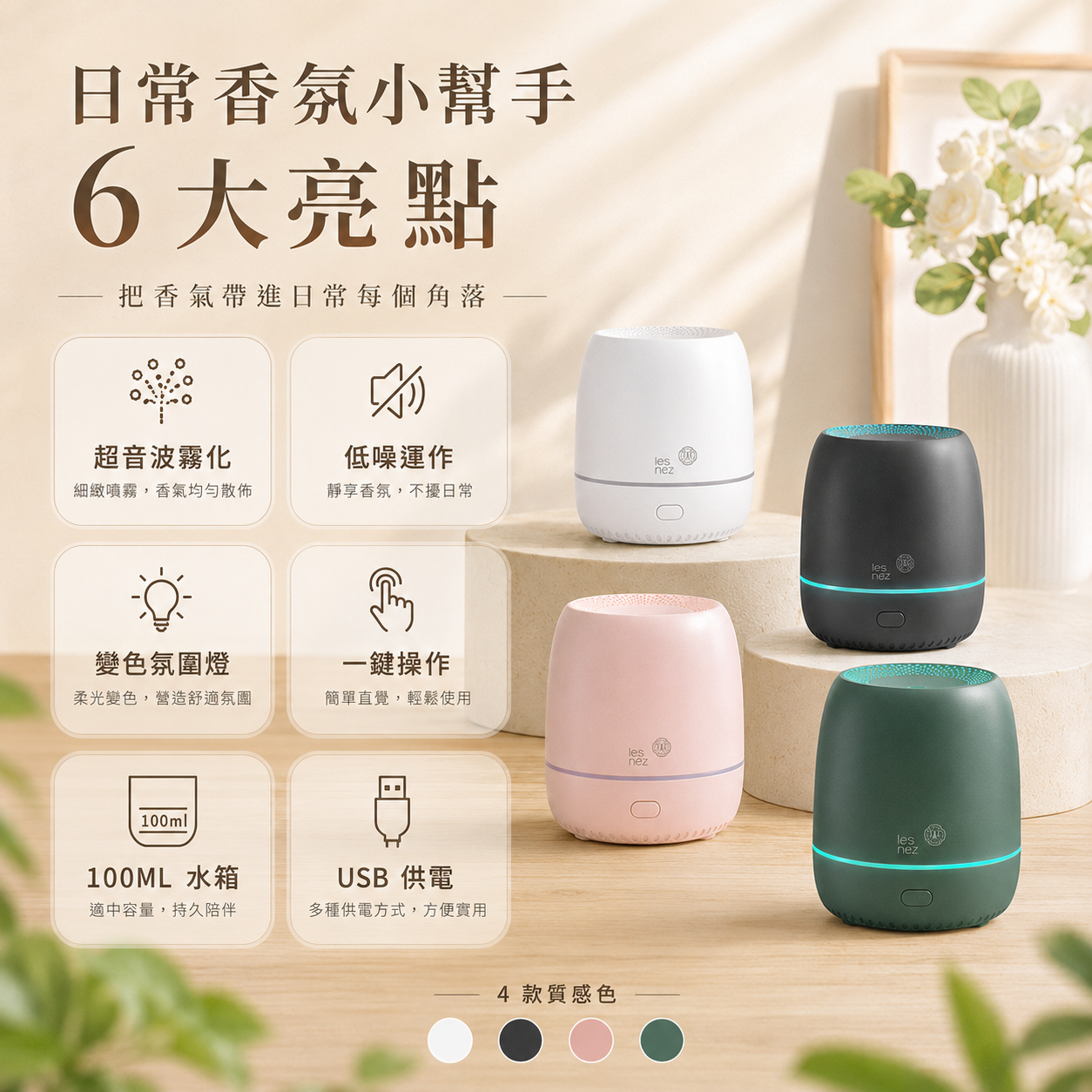 香氛水氧機功能特色介紹，包含超音波霧化、低噪與多色氛圍燈