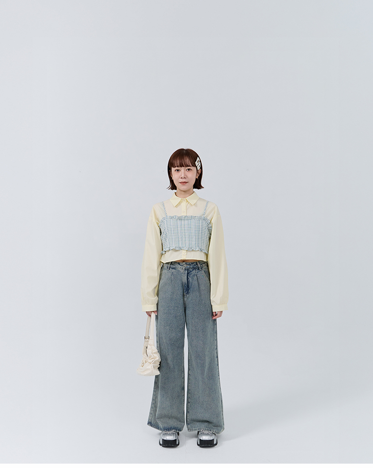 Checkered ruffled reversible spaghetti strap blouse vest, available in three colors【01099639】in stock+pre-order