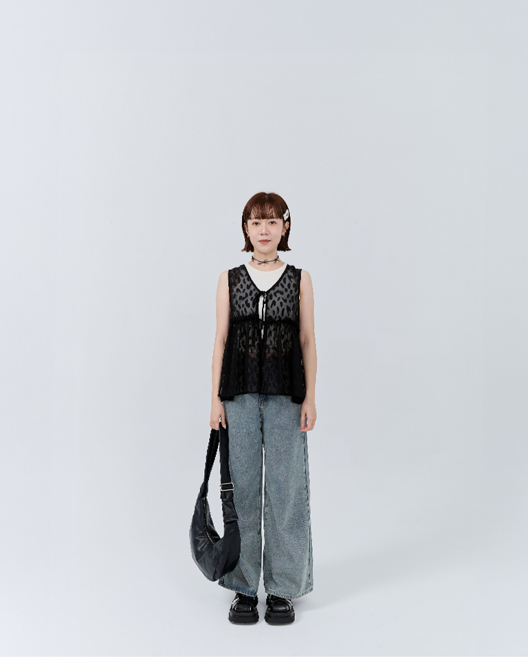 Leopard print double-strapped umbrella-hem sheer vest/cover-up, available in three colors【01099781】in stock+pre-order