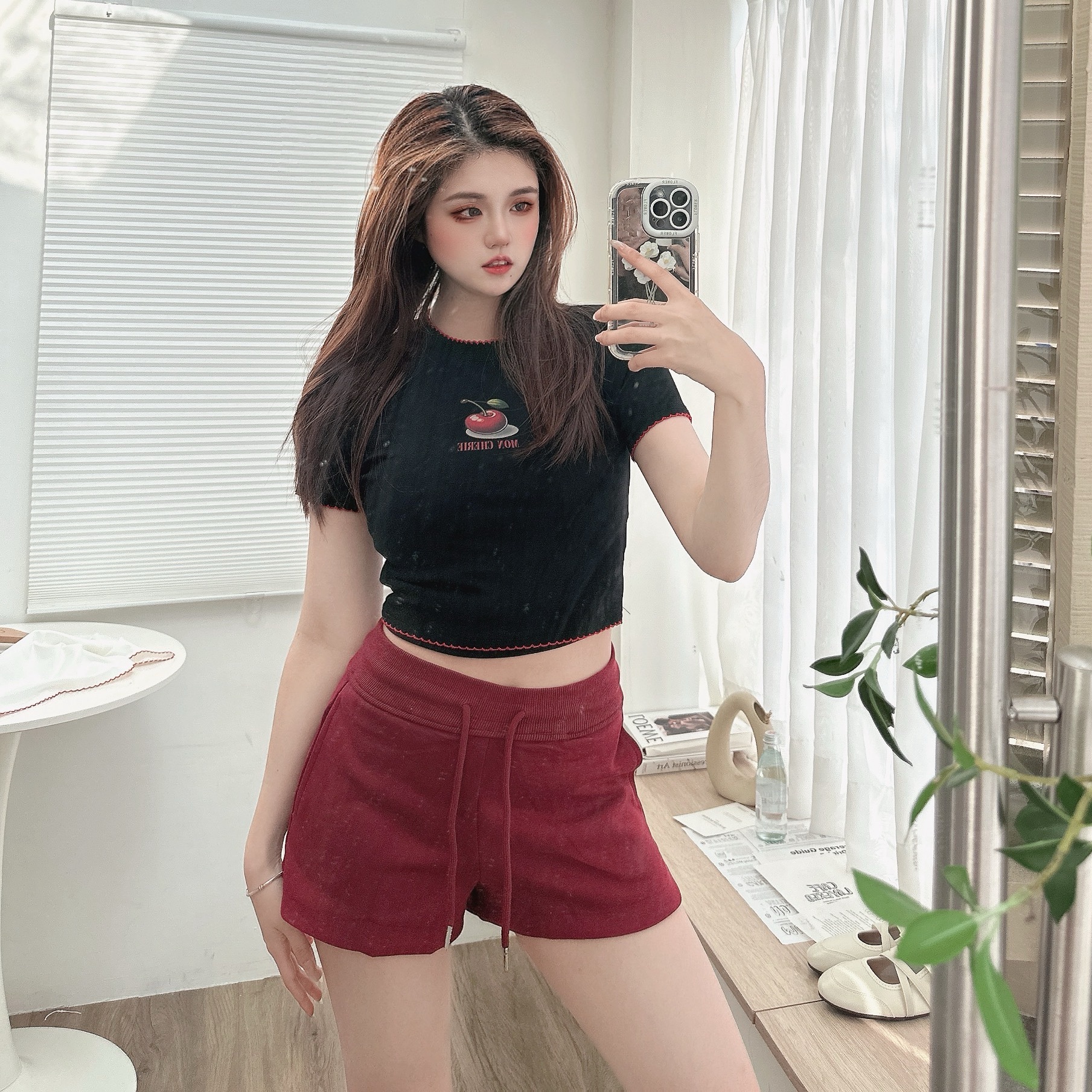 櫻桃撞色木耳邊棉TEE