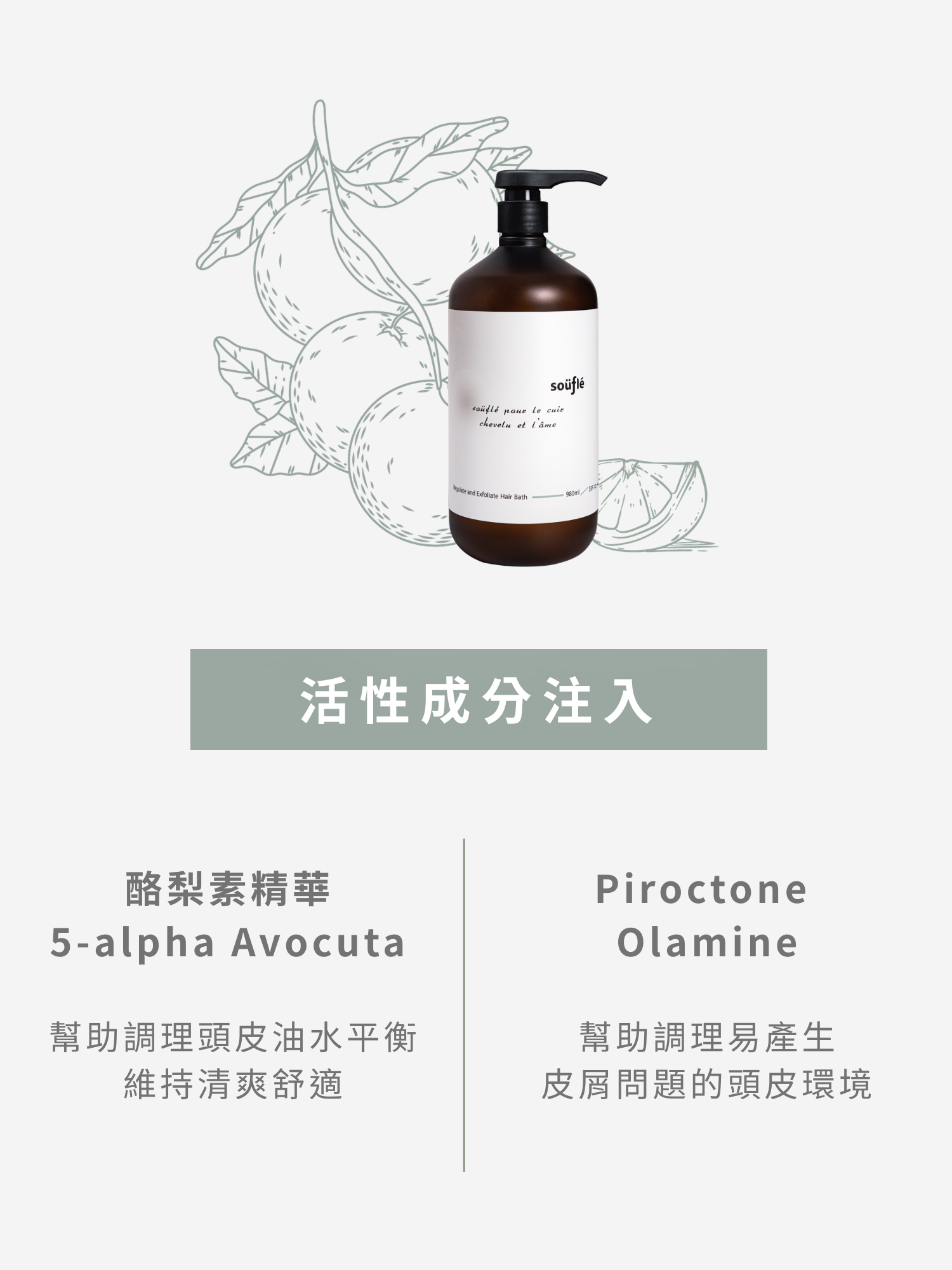 酪梨素精華可減緩頭皮出油,Piroctone Olamine抗屑抗菌成分可減緩頭皮屑產生